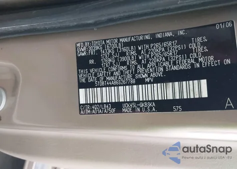 2006 Toyota Sequoia Sr5 V8 z USA, uszkodzony, nr VIN 5TDBT44A86S267788